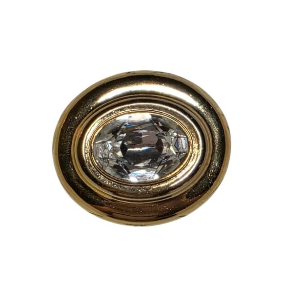 Gold Tone Oval Brooch With Clear Faceted Glass Centerpiece & Textured Back 1.5 I - Picture 1 of 3